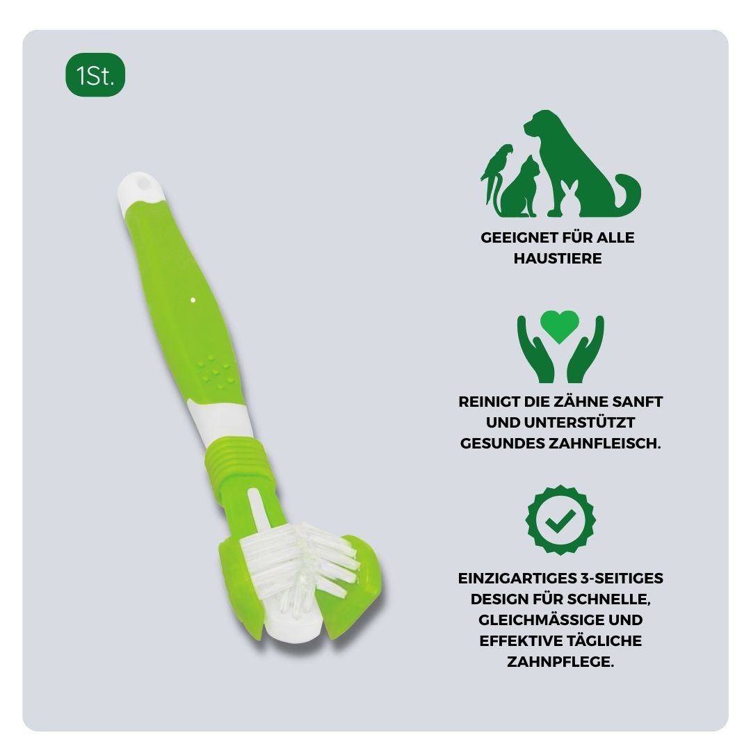 Übersicht über Material und Anwendung der TraumaPet 3-seitigen Zahnbürste. Entwickelt, um Zahnbelag gleichzeitig an drei Seiten zu entfernen und gesundes Zahnfleisch bei Hund und Katze zu unterstützen.