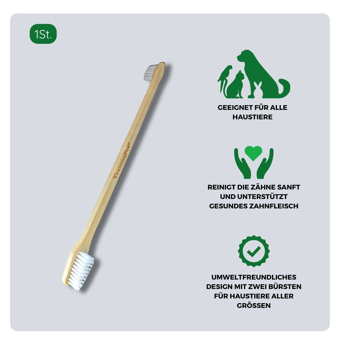 Übersicht zu Material und Anwendung der TraumaPet Bambus-Doppelzahnbürste. Hergestellt aus Bambus mit weichen Borsten, geeignet zur Entfernung von Zahnbelag und unterstützt gesundes Zahnfleisch bei Hund und Katze.