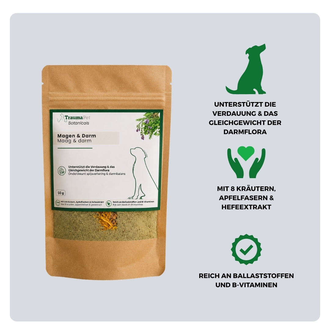Inhaltsstoffe und Anwendung von TraumaPet Botanicals Magen & Darm zur Unterstützung der Verdauung und Darmgesundheit