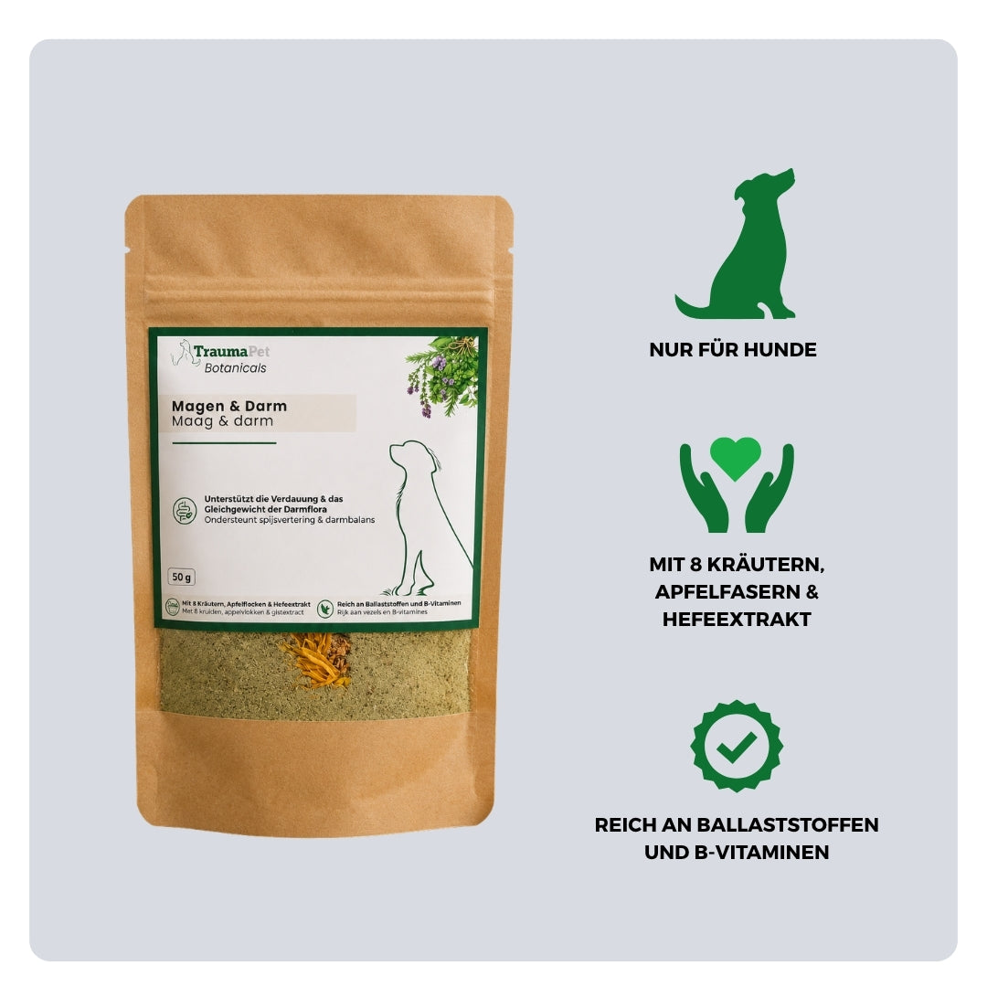 Inhaltsstoffe und Anwendung von TraumaPet Botanicals Magen & Darm zur Unterstützung der Verdauung und Darmgesundheit