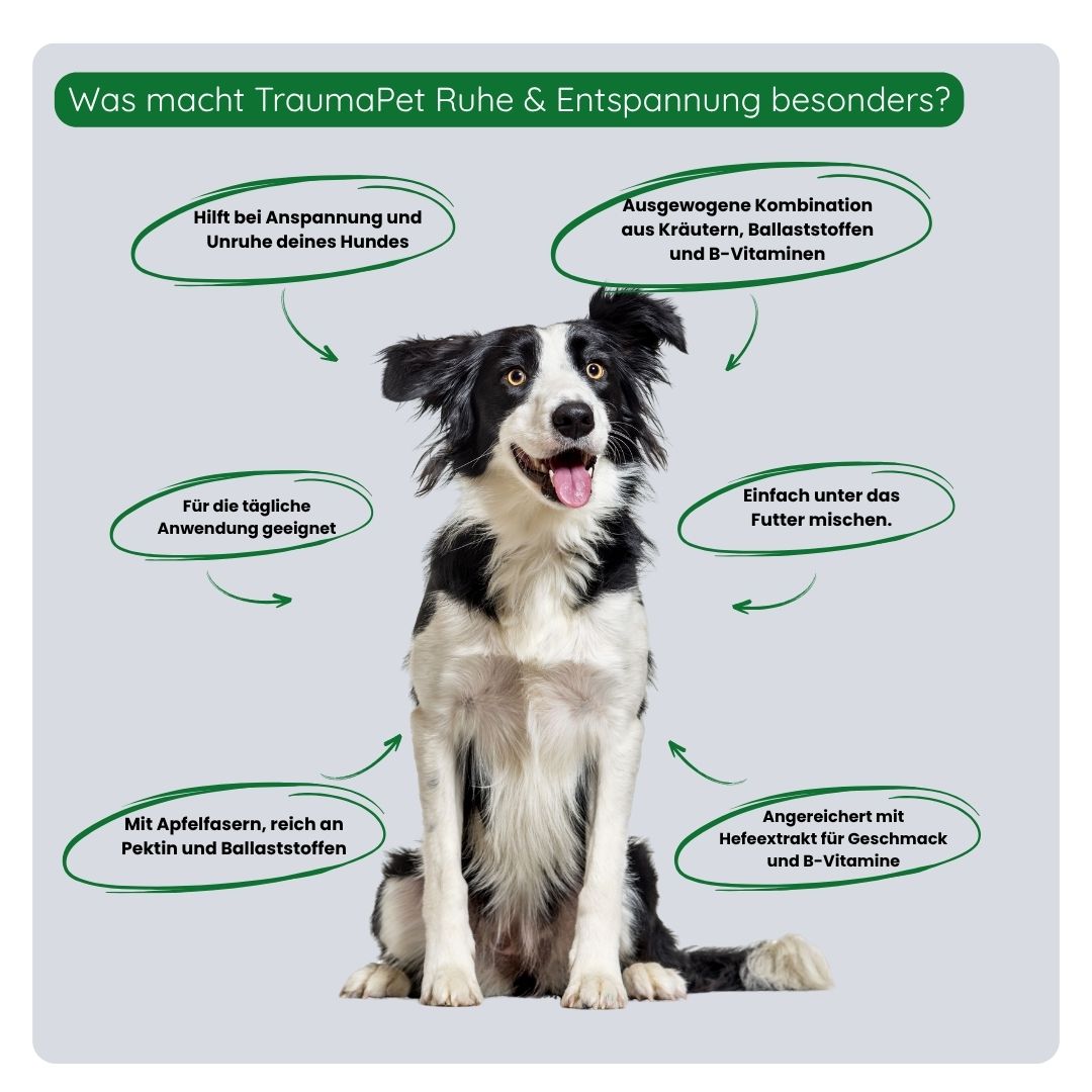 Anwendung von TraumaPet Botanicals Ruhe & Entspannung durch Mischen mit dem Futter für die tägliche Unterstützung