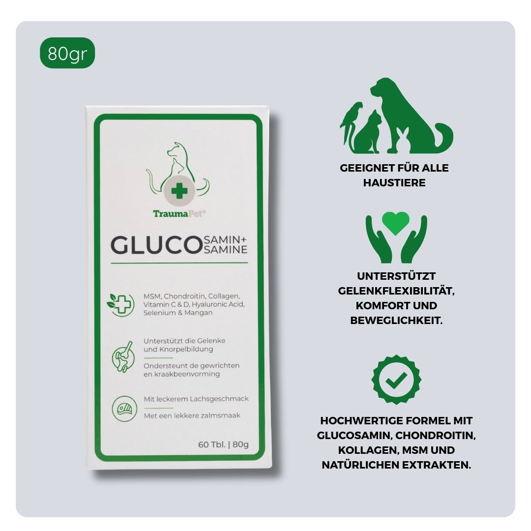 Übersicht über Inhaltsstoffe und Anwendung von TraumaPet Glucosamin+. Mit Glucosamin und unterstützenden Nährstoffen, geeignet bei steifen Gelenken, eingeschränkter Mobilität und zur Unterstützung einer gesunden Gelenkfunktion bei Hund und Katze.