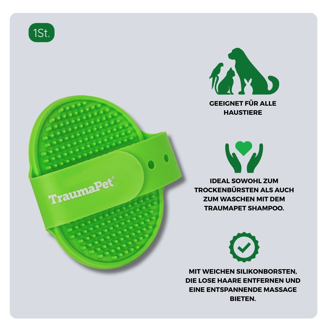 Übersicht über Material und Anwendung der TraumaPet Massagebürste: aus weichem Silikon gefertigt, geeignet zum Bürsten, Waschen und Massieren von Haut und Fell bei allen Felltypen, auch bei empfindlicher Haut.
