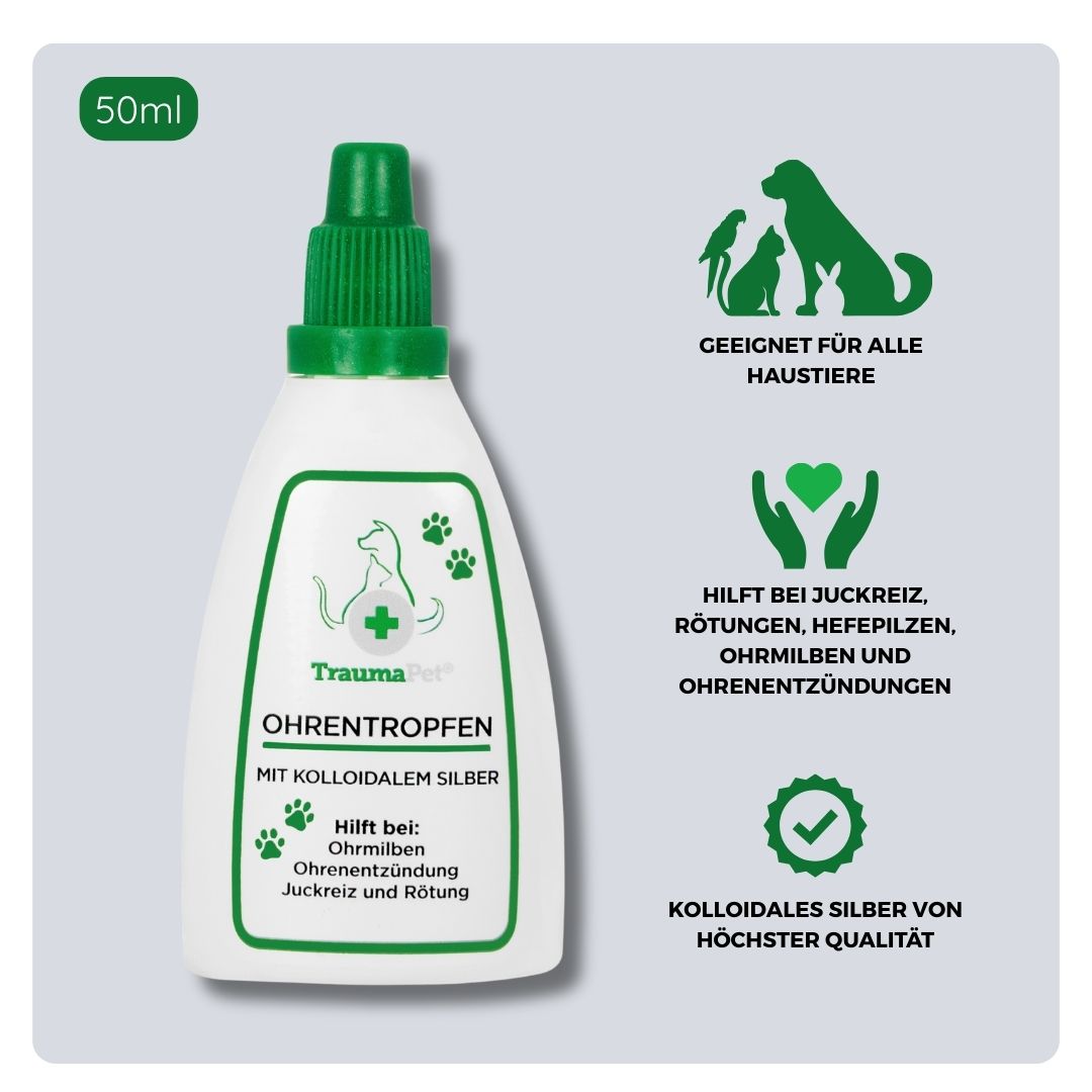 Übersicht über Inhaltsstoffe und Anwendung der TraumaPet Ohrentropfen mit kolloidalem Silber, geeignet bei Juckreiz, Rötungen, Ohrenschmalz, Milben und zur Unterstützung gesunder Ohren bei Hund und Katze.