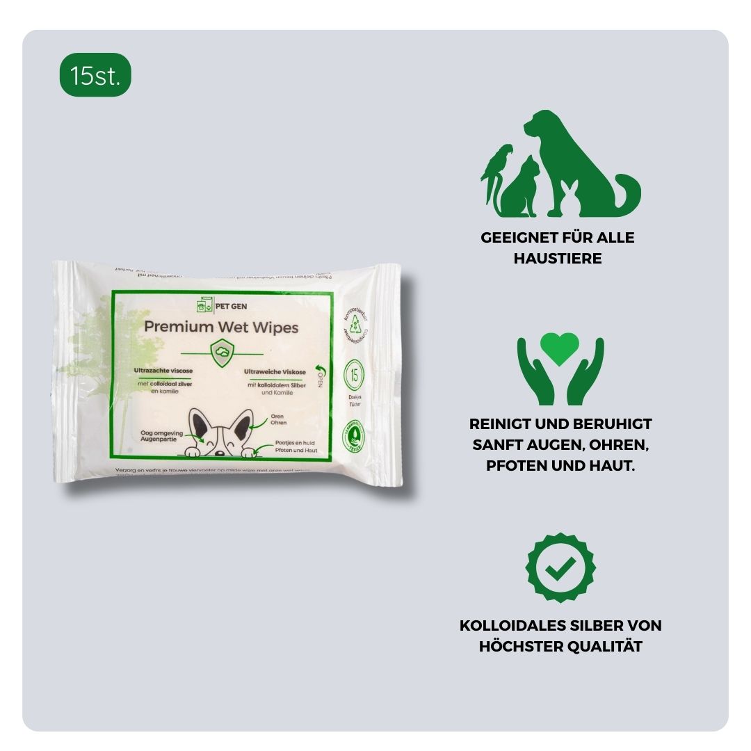 Übersicht über Inhaltsstoffe und Anwendung der TraumaPet Premium Feuchttücher: extra dicke Bambus-Vliestücher mit kolloidalem Silber und Kamille, geeignet zur Reinigung von Augen, Ohren, Pfoten und Haut bei Hund und Katze.
