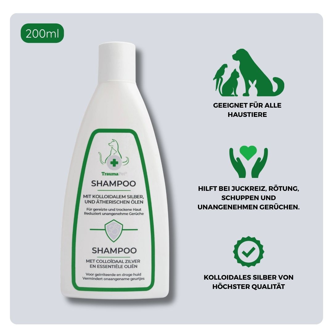Übersicht über Inhaltsstoffe und Anwendung des TraumaPet Shampoos mit kolloidalem Silber und pflegenden Bestandteilen, geeignet bei Juckreiz, Schuppen, gereizter Haut und zur Unterstützung eines gesunden Fells bei Hund und Katze.