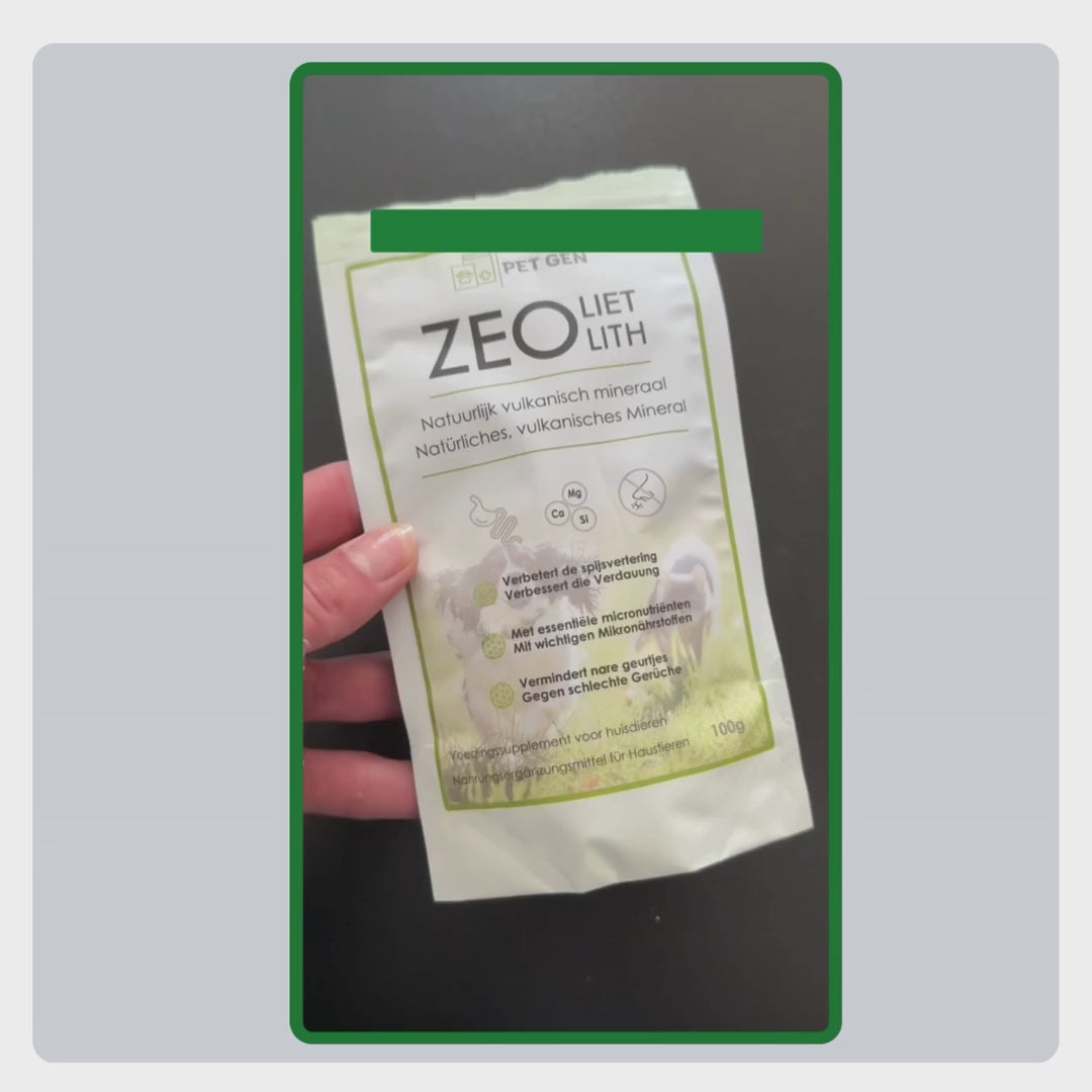 Video-Anleitung zur korrekten Anwendung von Pet-Gen Zeolith: Dosierung nach Gewicht bestimmen, mit Nass- oder Trockenfutter mischen und täglich konsequent verabreichen.