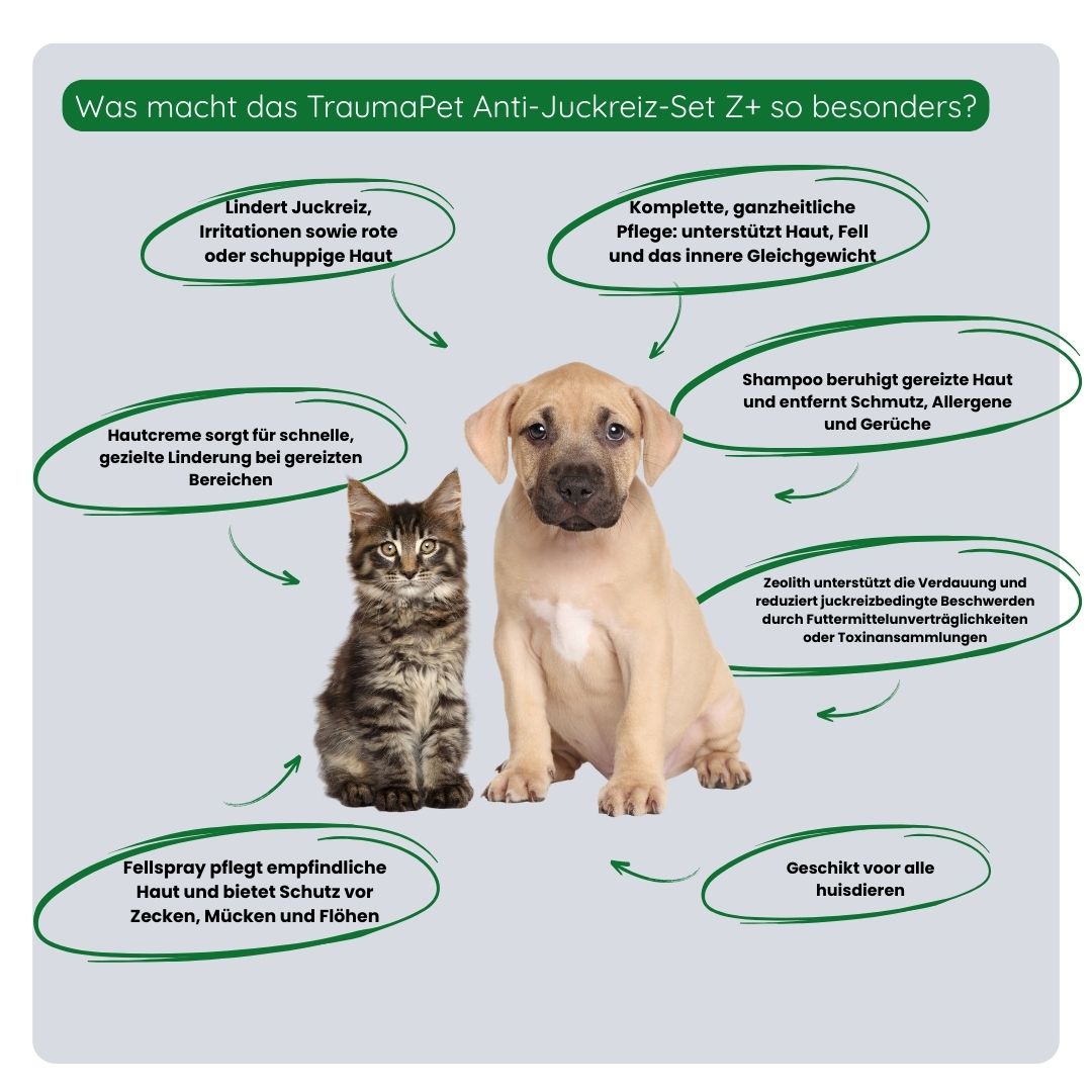 Übersicht der Vorteile des TraumaPet Anti-Juckreiz-Sets Z+: reduziert Juckreiz und Irritationen, unterstützt die Hautregeneration, schützt vor äußeren Reizen und hilft von innen bei wiederkehrenden Beschwerden.