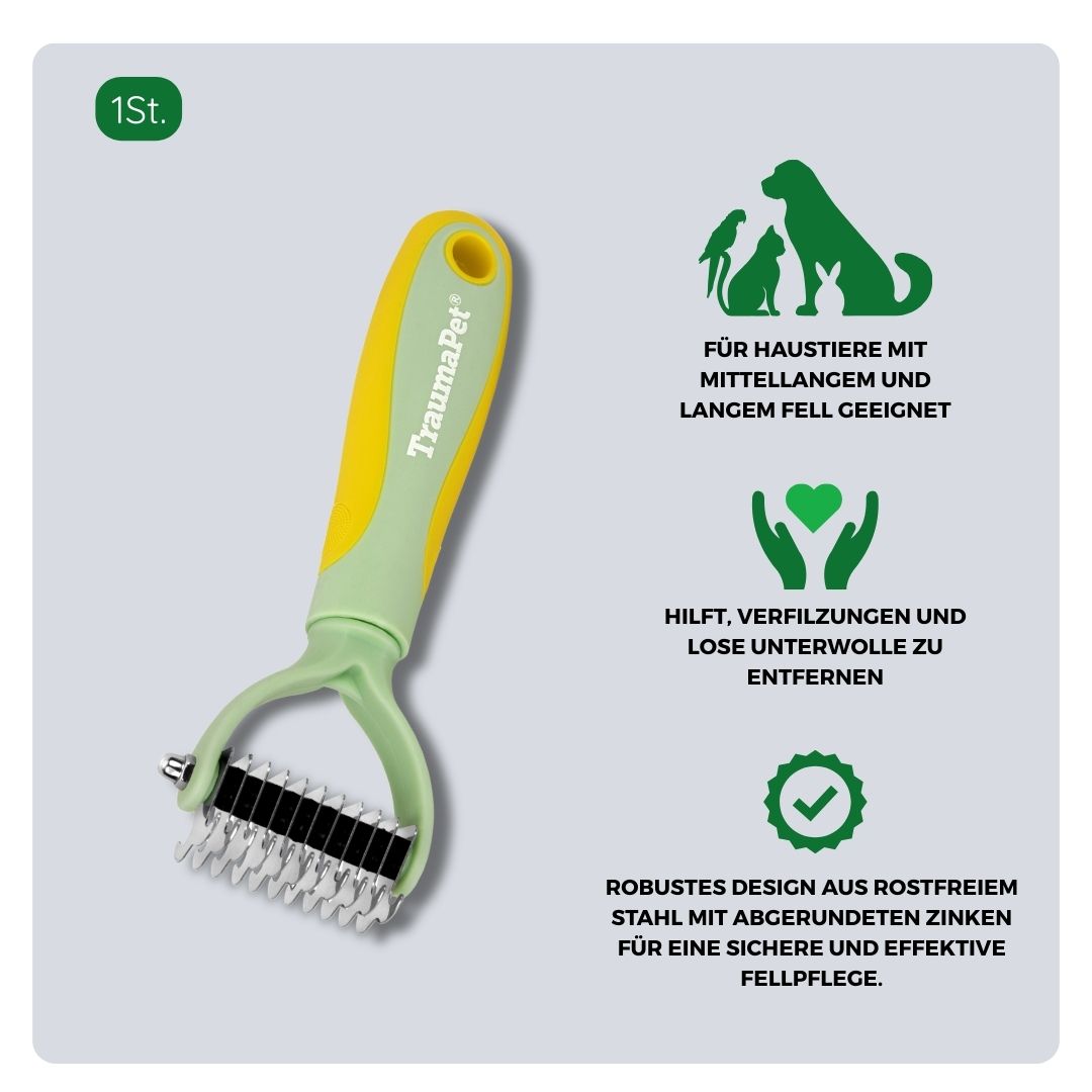 Übersicht über Material und Anwendung des TraumaPet Doppelseitigen Unterhaarkamms. Aus rostfreiem Stahl mit abgerundeten Zinken, geeignet zum Entfernen von abgestorbener Unterwolle, Verfilzungen und losen Haaren bei mittel- und langhaarigen Haustieren.
