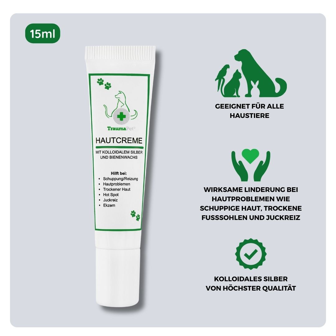 Übersicht über Inhaltsstoffe und Anwendung der TraumaPet Hautcreme: enthält kolloidales Silber und Bienenwachs, geeignet bei Juckreiz, Rötungen, trockenen Stellen, Schuppen, Hautfalten und zur Unterstützung der natürlichen Hautbarriere bei Hund und Katze.