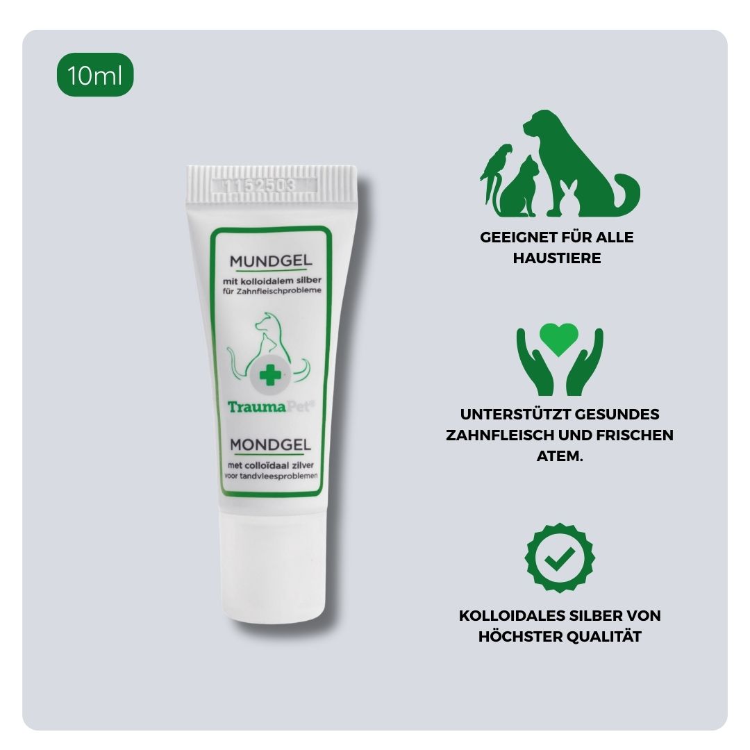 Übersicht über Inhaltsstoffe und Anwendung des TraumaPet Mundgels mit kolloidalem Silber, geeignet bei entzündetem oder empfindlichem Zahnfleisch, kleinen Wunden im Mund und zur Unterstützung der Regeneration nach Zahnbehandlungen bei Hund und Katze.