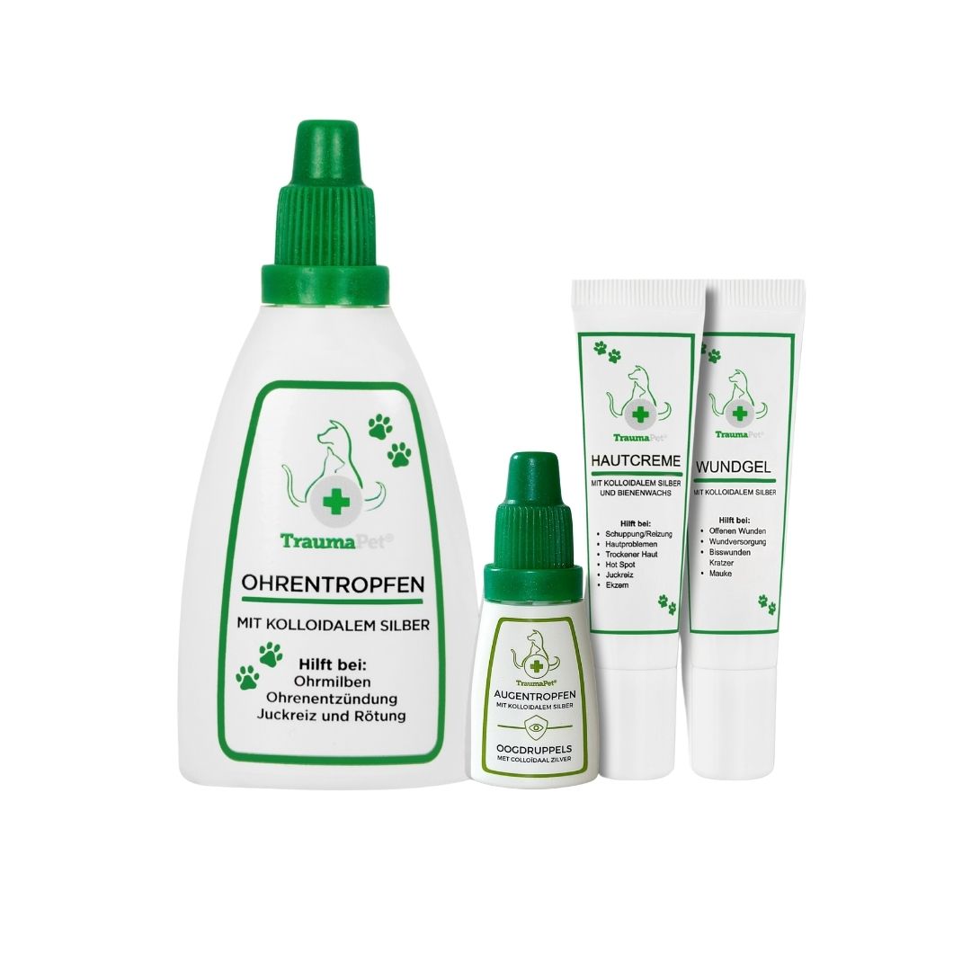 TraumaPet Must-have Set für Hund und Katze: komplettes Pflegeset mit Ohrentropfen, Augentropfen, Hautcreme und Wundgel für schnelle Hilfe und tägliche Unterstützung.