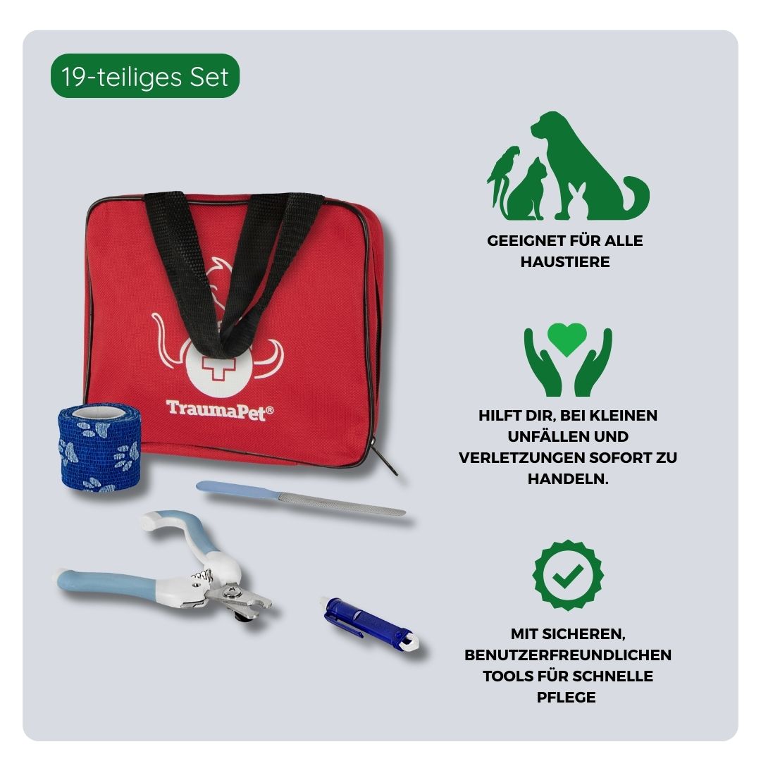 Übersicht über Inhalt und Anwendung des TraumaPet Pflegesets. Komplettes Set mit Erste-Hilfe-Materialien und Pflegewerkzeugen für Wundversorgung, Grooming und Sicherheit bei Hund und Katze – für zu Hause und unterwegs.