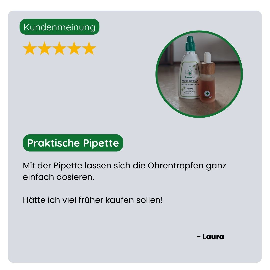 Kundin teilt ihre positive Erfahrung mit der TraumaPet Pipette: einfachere Dosierung, weniger Kleckern und ruhigere Anwendung bei Hund und Katze.