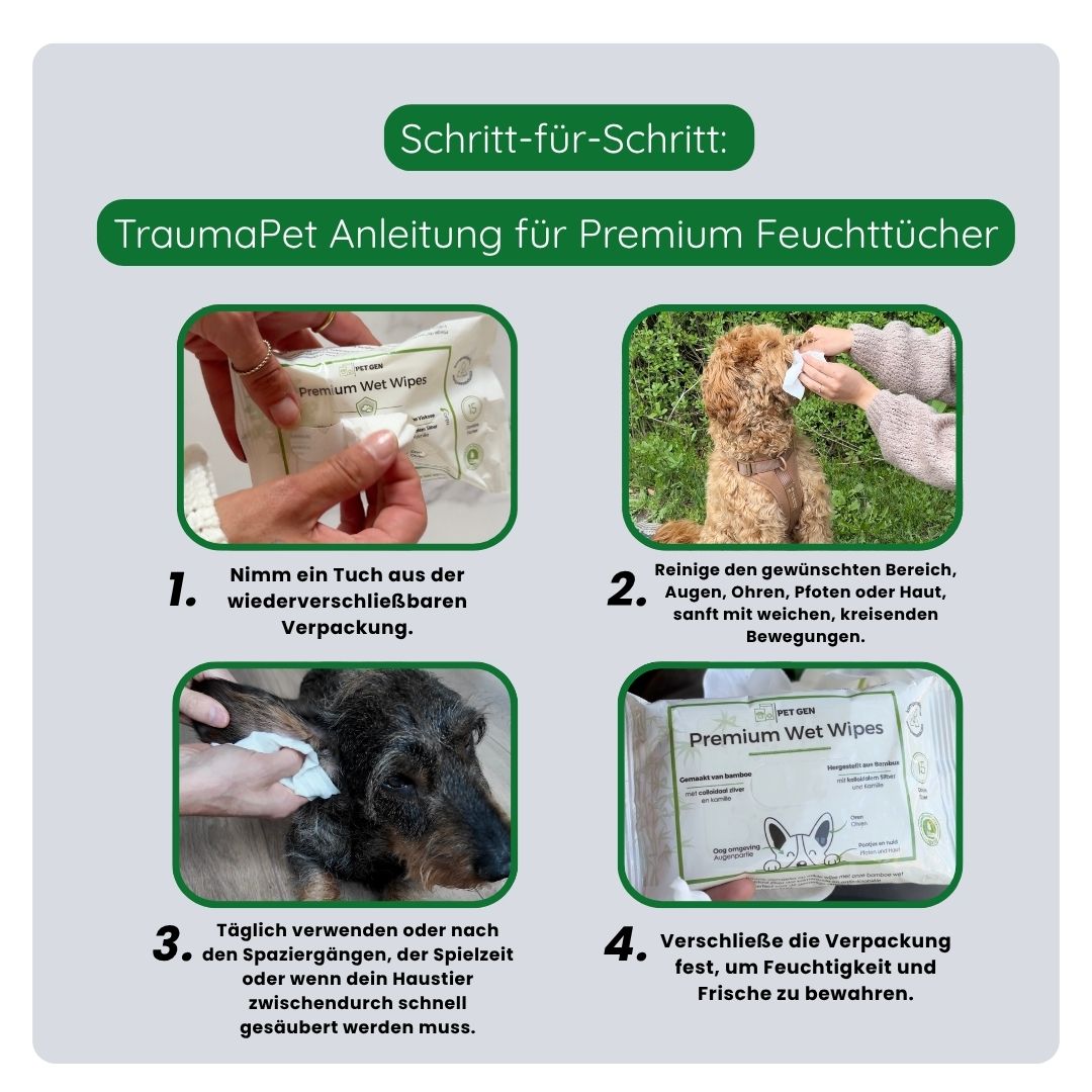 Anwendung des TraumaPet Anti-Juckreiz Sets: Pfoten mit täglicher Reinigung und Pflege für gesunde Pfoten