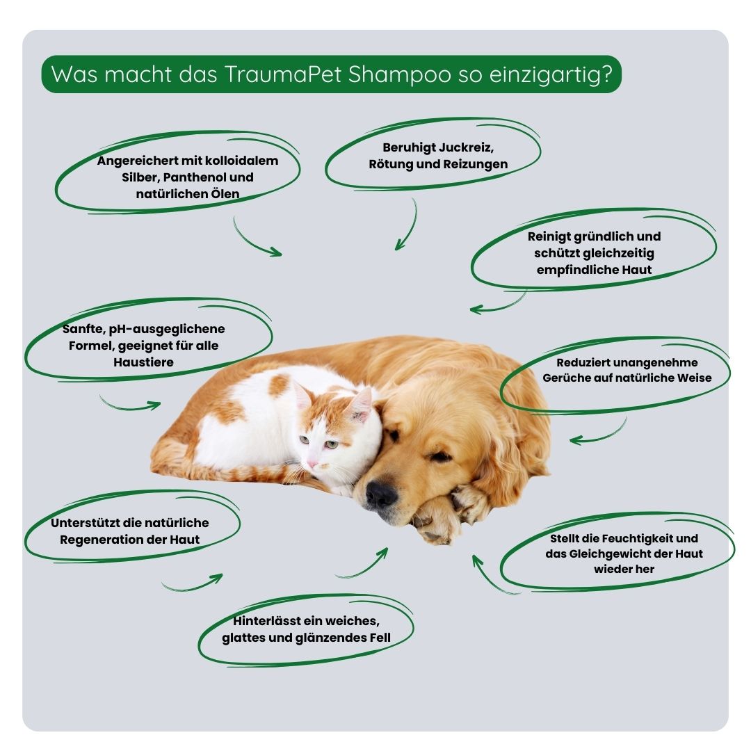 Übersicht der Vorteile des TraumaPet Shampoos: beruhigt gereizte Haut, reduziert Juckreiz und Schuppen, reinigt sanft und unterstützt die Haut- und Fellgesundheit.