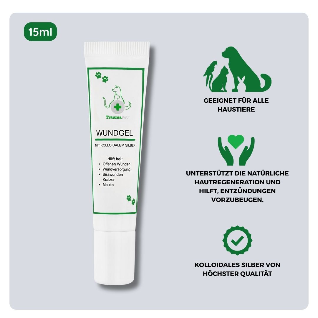 Übersicht über Inhaltsstoffe und Anwendung des TraumaPet Wundgels: enthält kolloidales Silber, geeignet für offene Wunden, Schürfwunden, Schnittwunden und Bissverletzungen sowie zur Unterstützung einer sicheren und hygienischen Hautregeneration bei Hund und Katze.