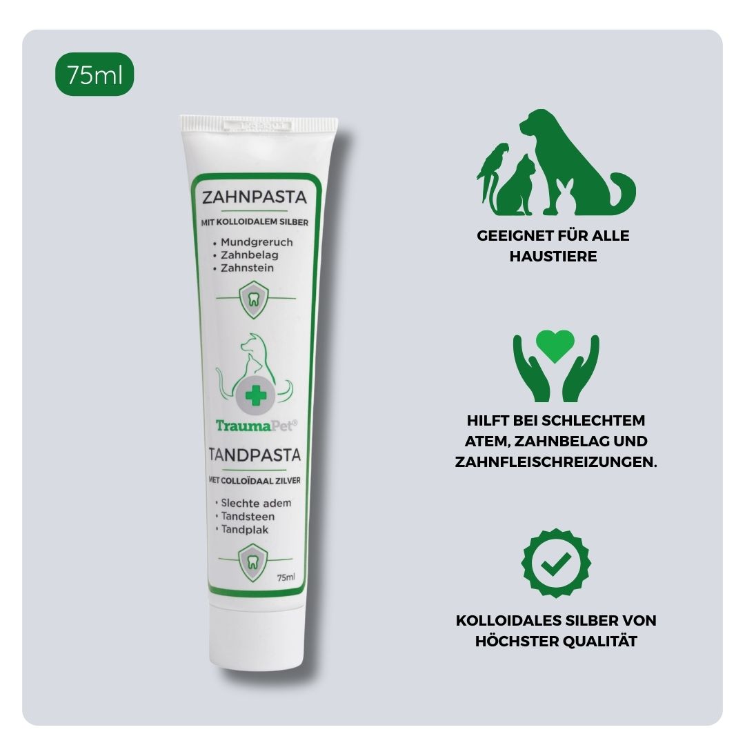 Übersicht über Inhaltsstoffe und Anwendung der TraumaPet Zahnpasta mit kolloidalem Silber, geeignet zur Entfernung von Zahnbelag, zur Vorbeugung von Zahnstein und zur Unterstützung von gesundem Zahnfleisch bei Hund und Katze.