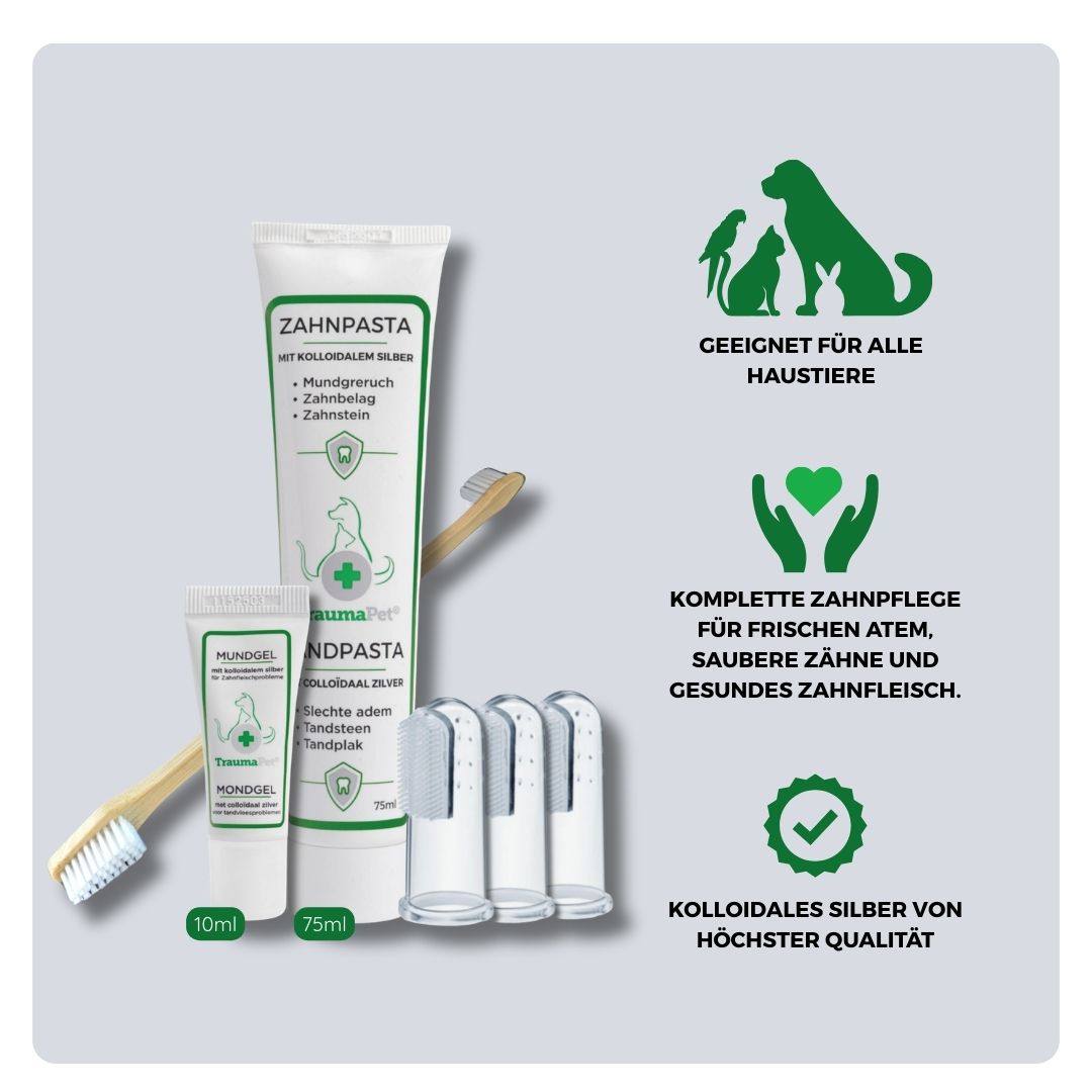 Übersicht über Inhalt und Anwendung des TraumaPet Zahnpflege-Sets: die Kombination aus Zahnpasta, Mundgel, Fingerzahnbürsten und Bambuszahnbürste entfernt Zahnbelag, unterstützt das Zahnfleisch und sorgt bei Hund und Katze für frischen Atem.